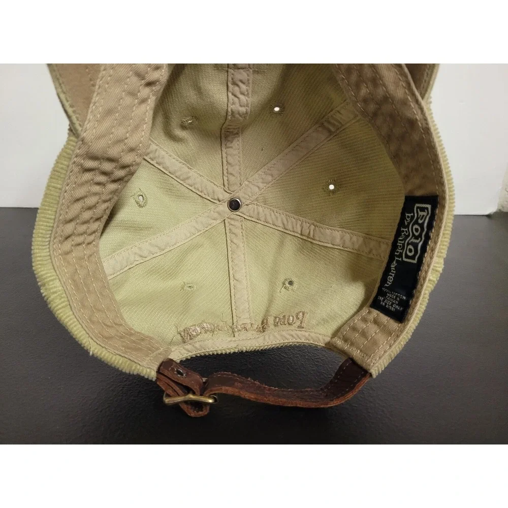 Polo Ralph‎ Lauren Hat Cap Mens Brown Corduroy Leather Strap Back Eagle Flags